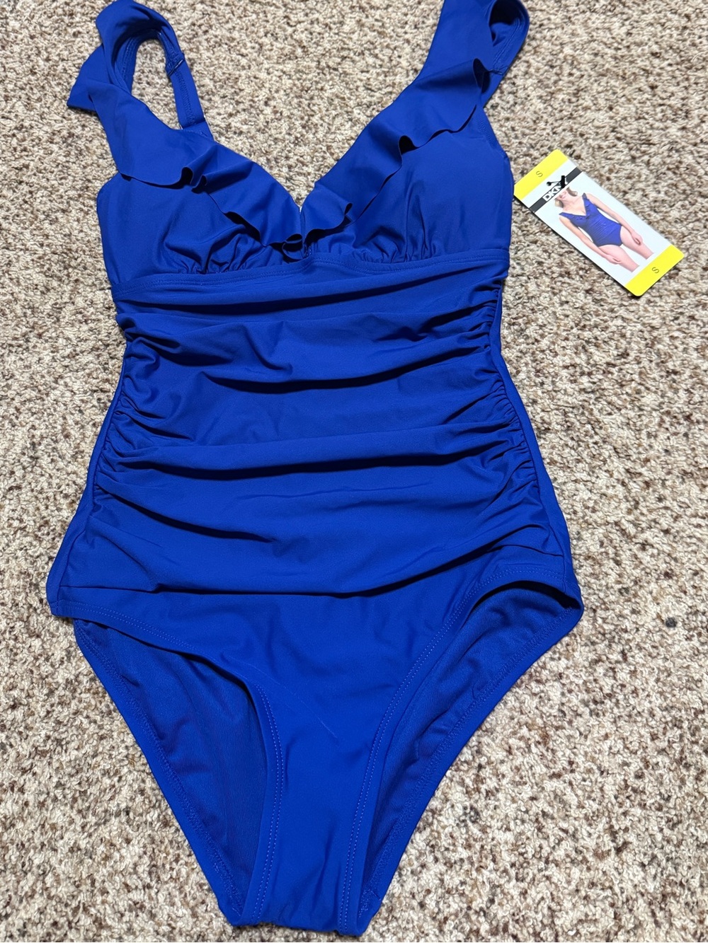 DKNY Blue Ruffle One-Piece Tummy Control V Neck Swimsuit Womens S NWT